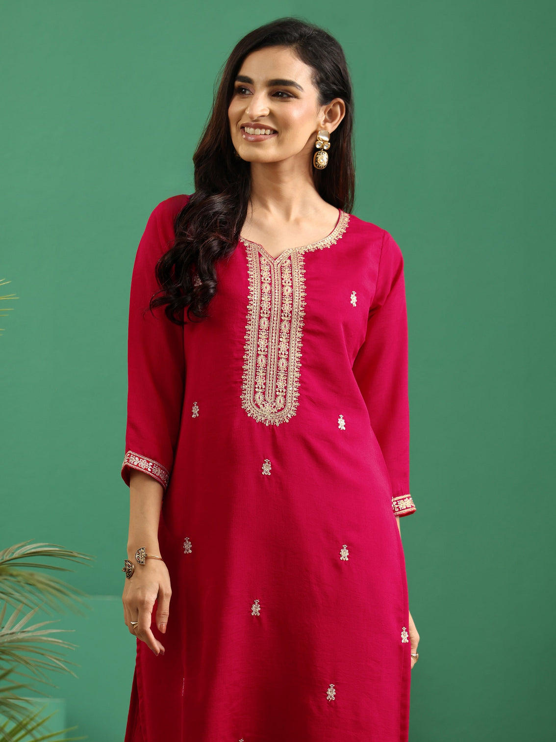 Mameraa Rose Red Yoke Embroidered Silk Blend Straight Kurta