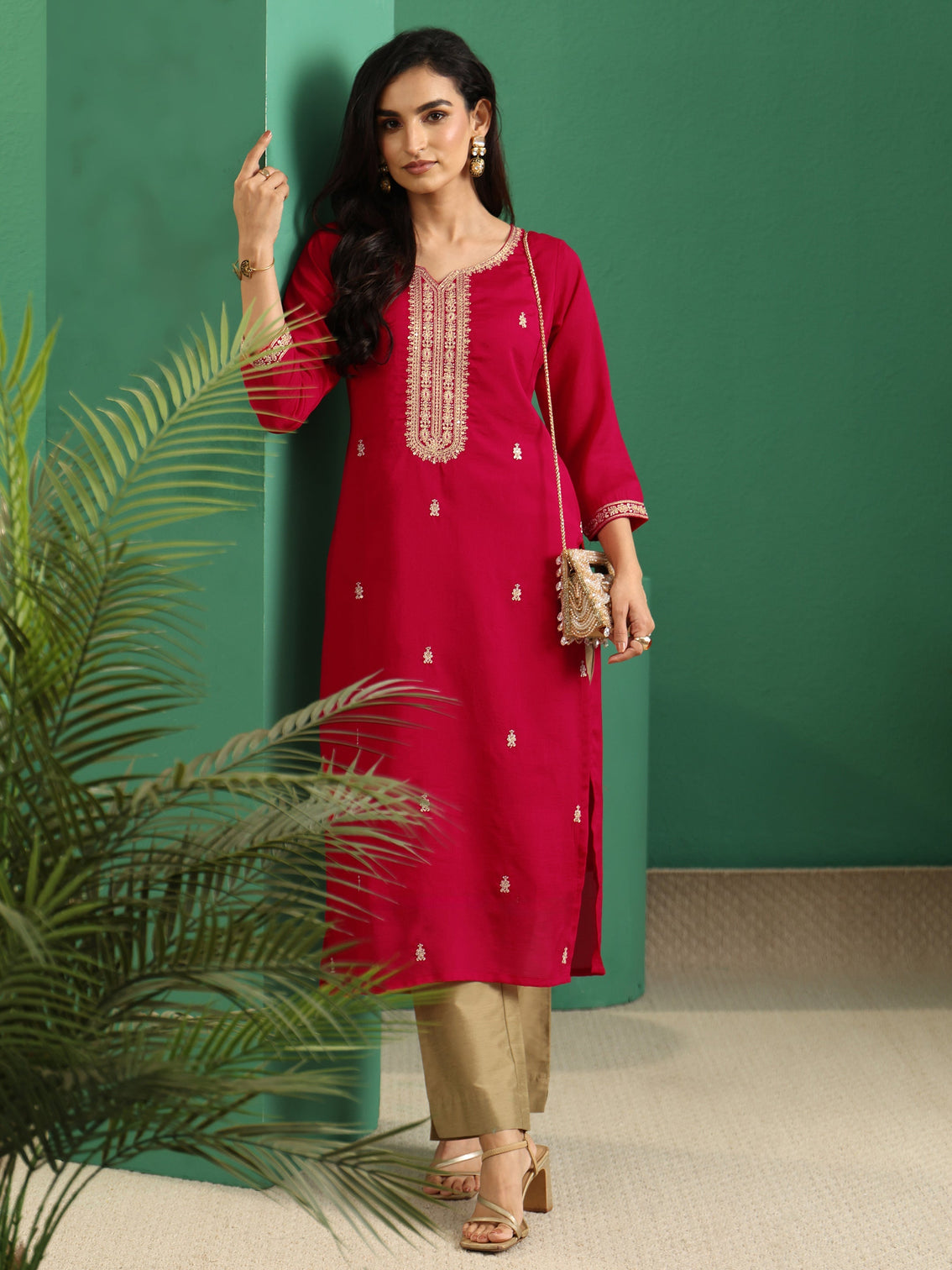 Mameraa Rose Red Yoke Embroidered Silk Blend Straight Kurta