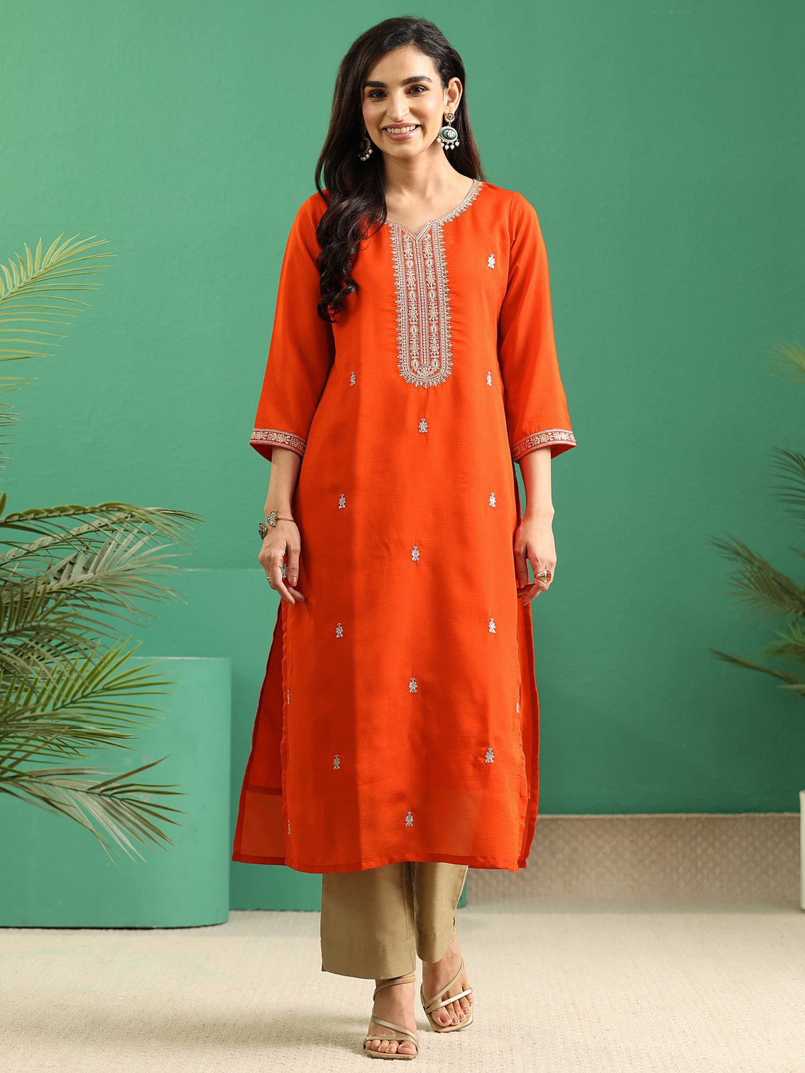 Mameraa Orange Yoke Embroidered Silk Blend Straight Kurta