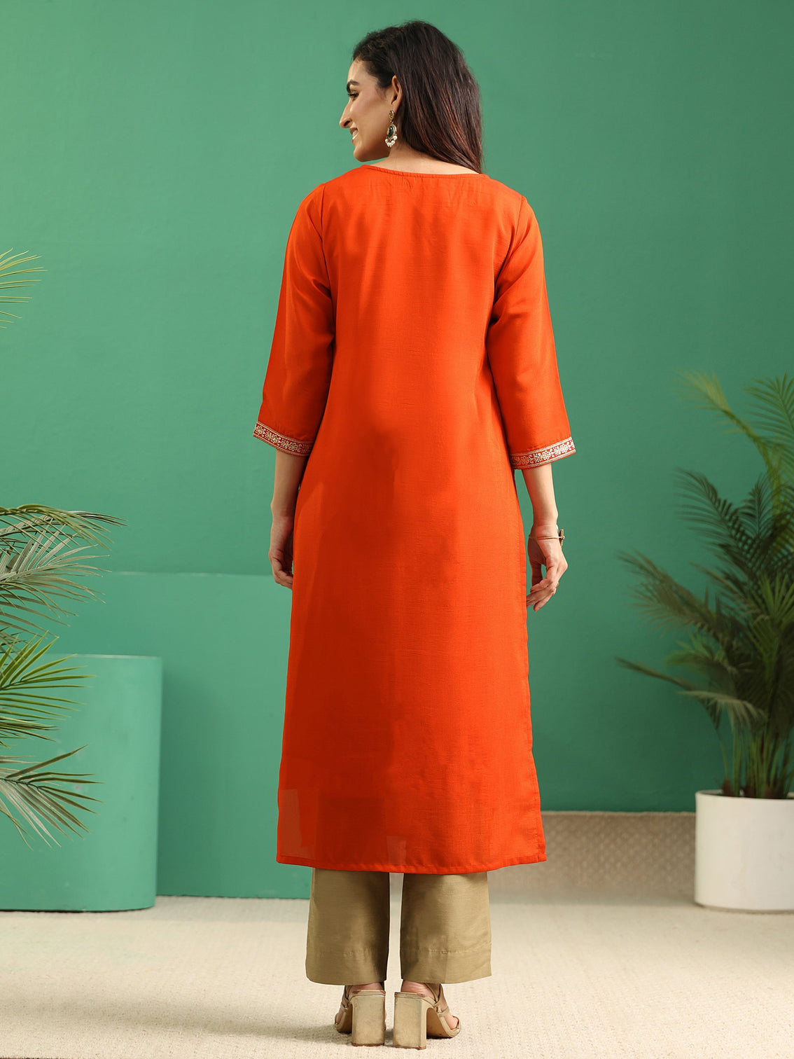 Mameraa Orange Yoke Embroidered Silk Blend Straight Kurta