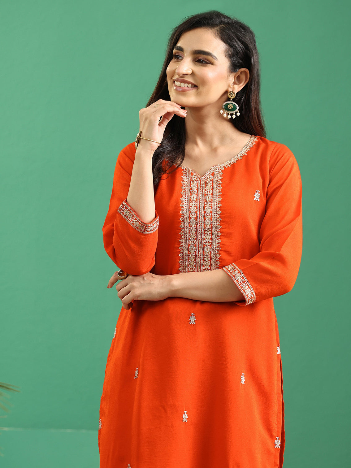 Mameraa Orange Yoke Embroidered Silk Blend Straight Kurta