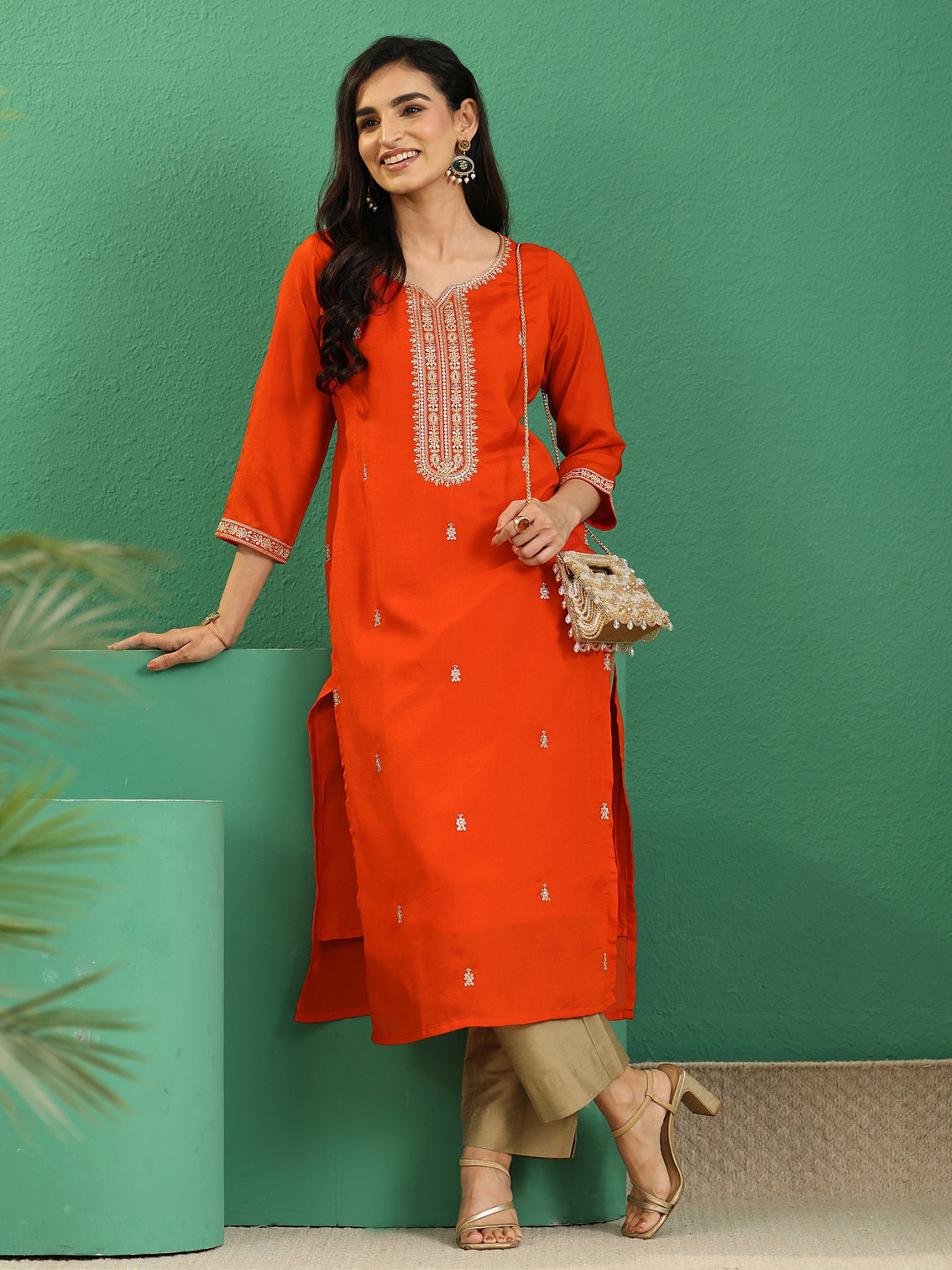 Mameraa Orange Yoke Embroidered Silk Blend Straight Kurta
