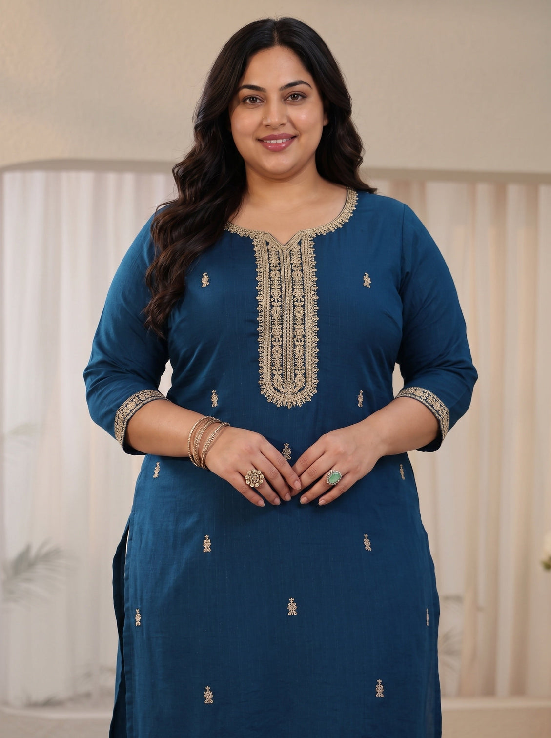 Plus Size Teal Blue Embroidered Silk Blend Straight Kurta
