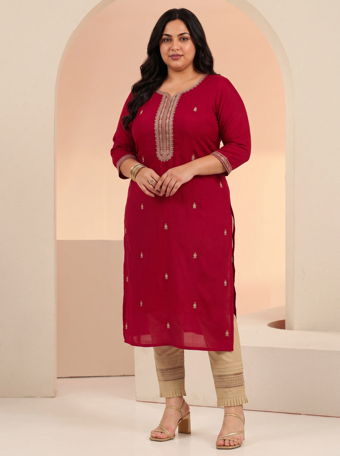 Plus Size Maroon Embroidered Silk Blend Straight Kurta