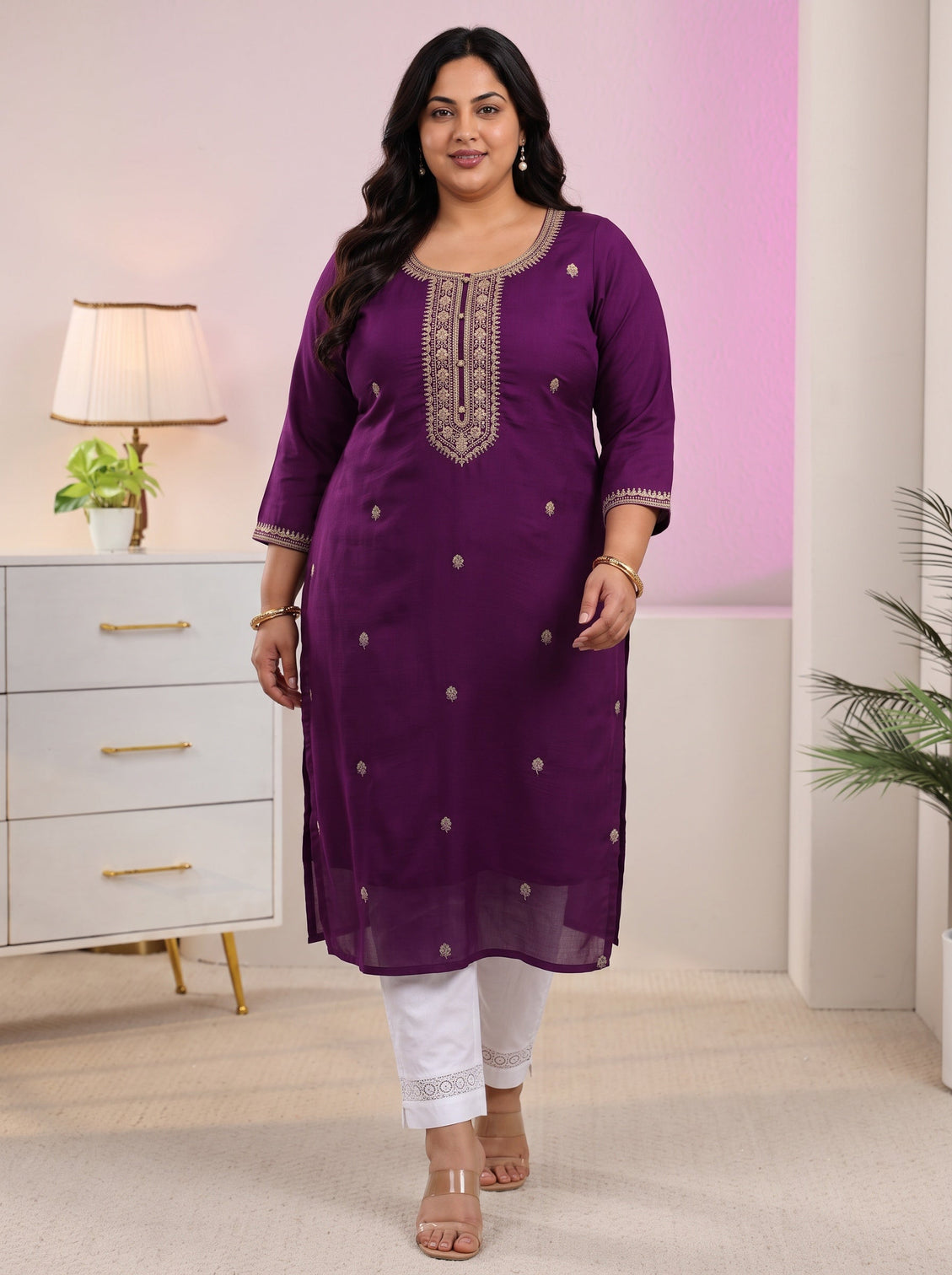 Plus Size Aubergine Purple Floral Embroidered Silk Blend Straight Kurta