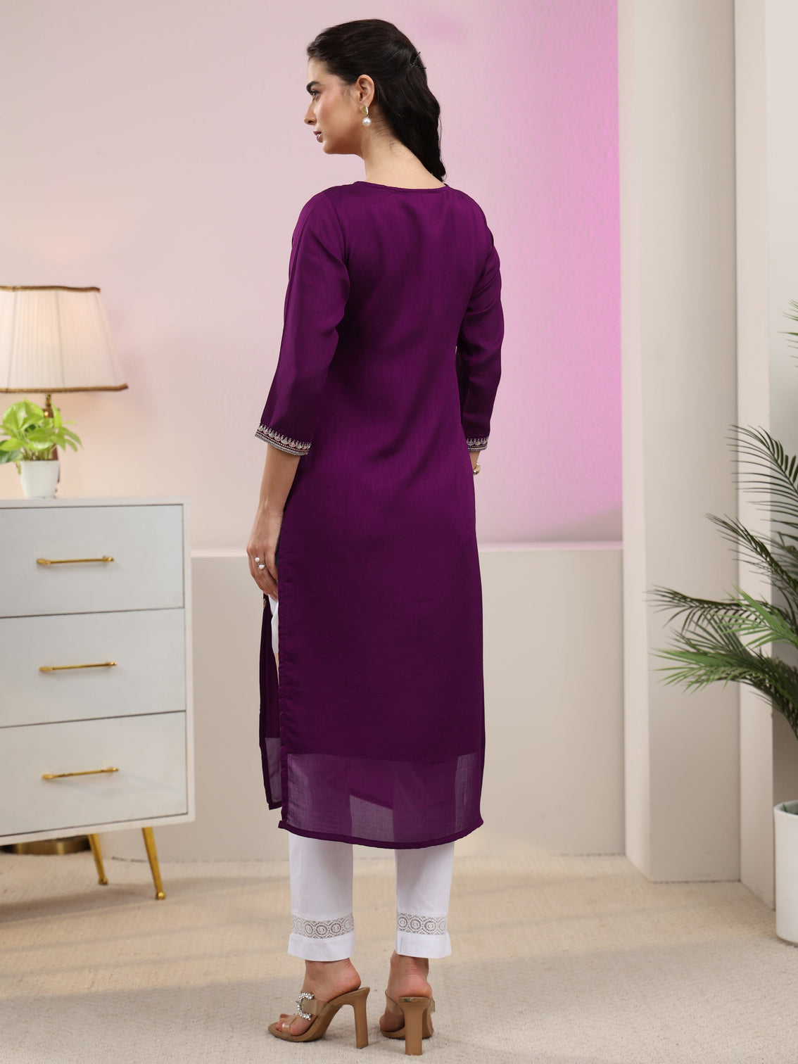 Mameraa Aubergine Purple Floral Embroidered Silk Blend Straight Kurta