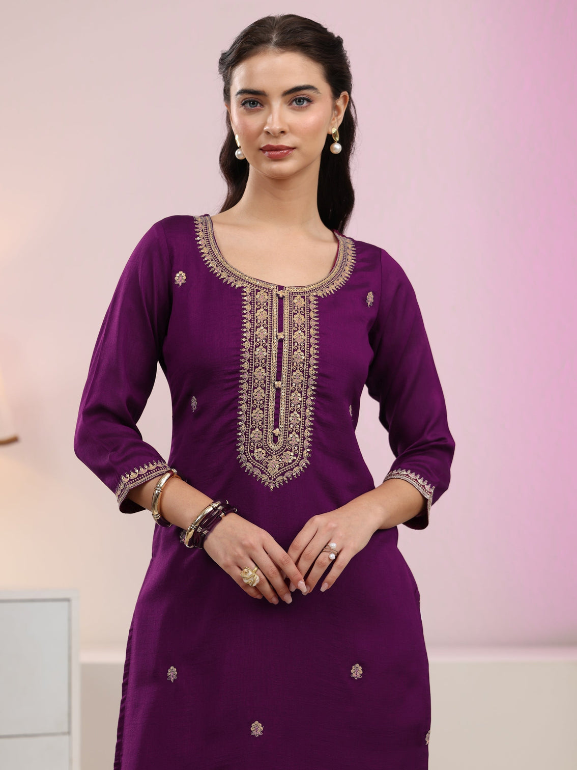 Mameraa Aubergine Purple Floral Embroidered Silk Blend Straight Kurta