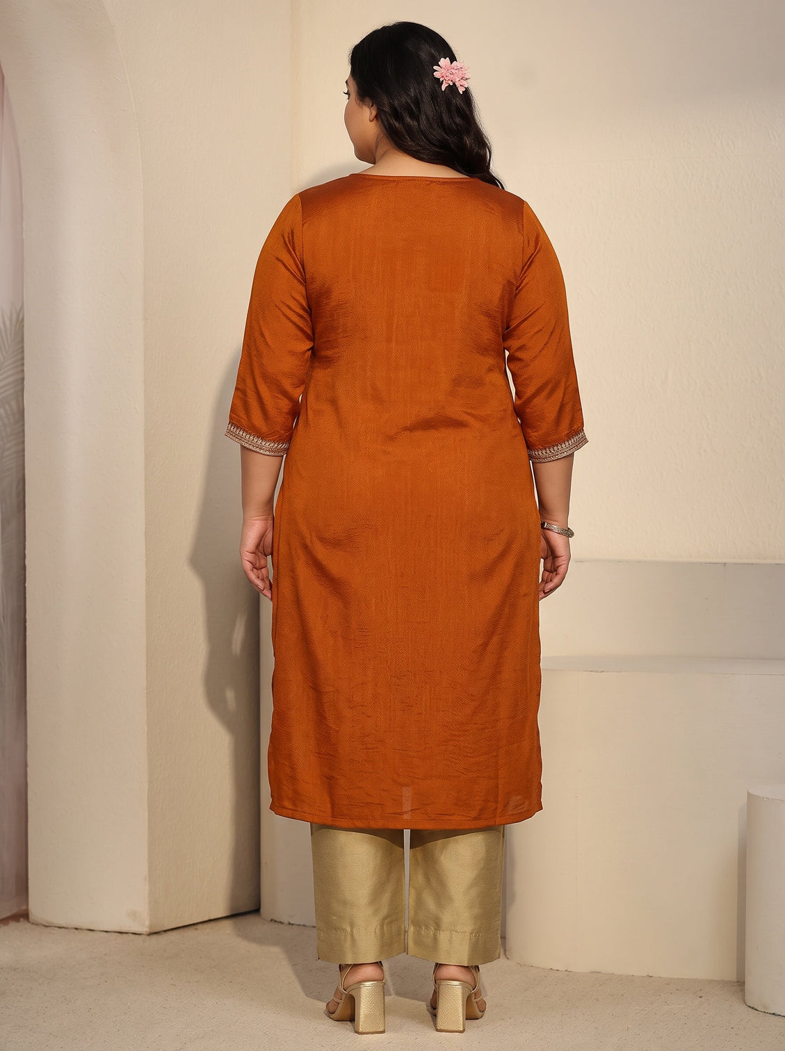 Plus Size Rust Brown Floral Embroidered Silk Blend Straight Kurta
