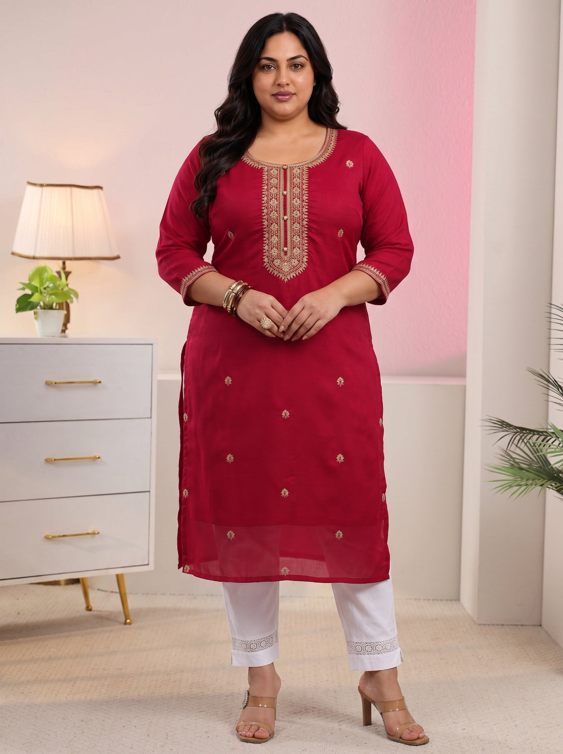 Plus Size Red Floral Embroidered Silk Blend Straight Kurta