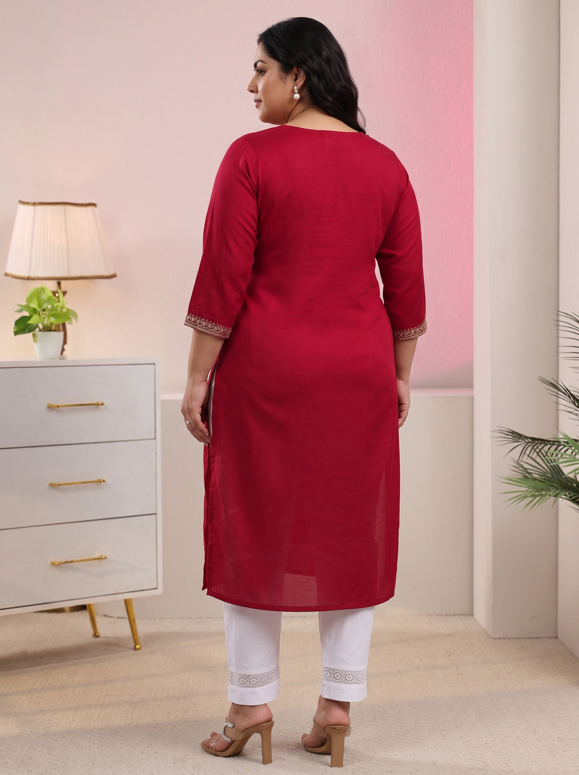 Plus Size Red Floral Embroidered Silk Blend Straight Kurta