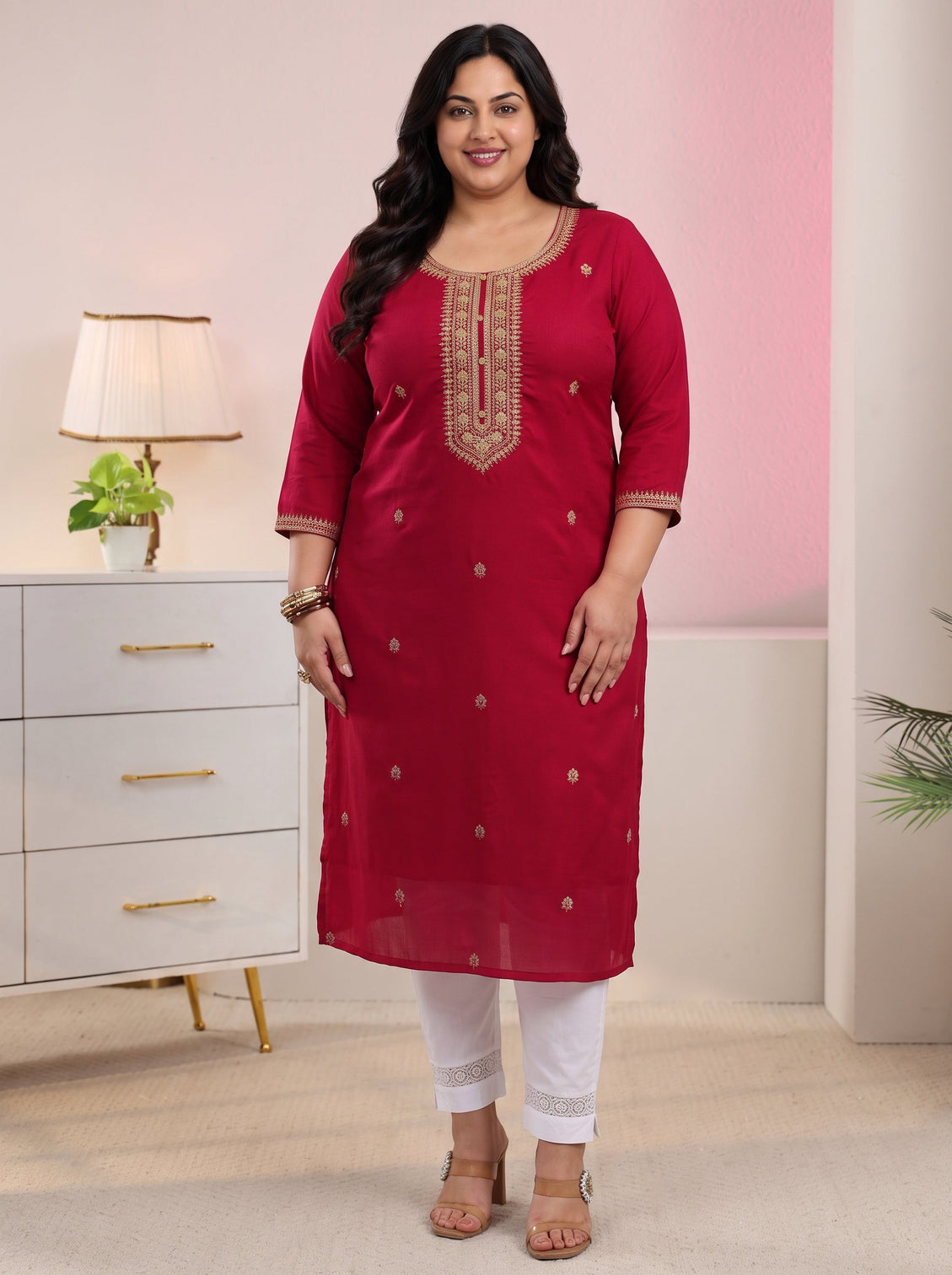 Plus Size Red Floral Embroidered Silk Blend Straight Kurta