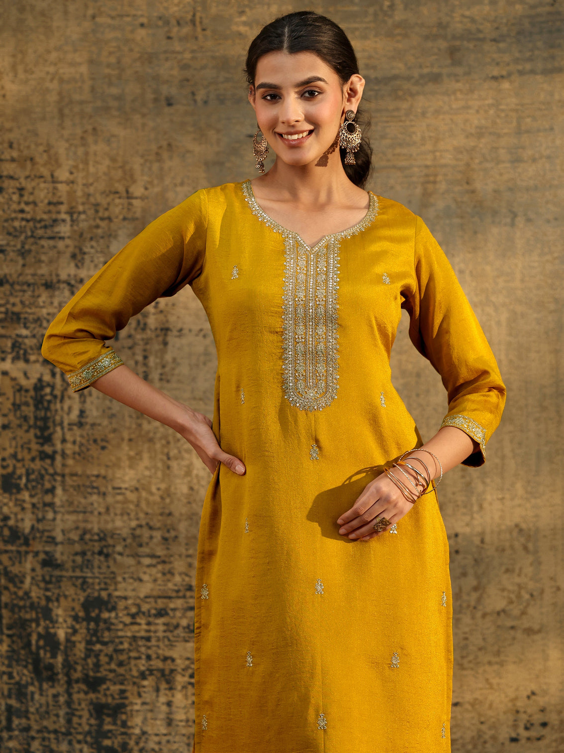 Mameraa Mustard Embroidered Silk Blend Straight Kurta