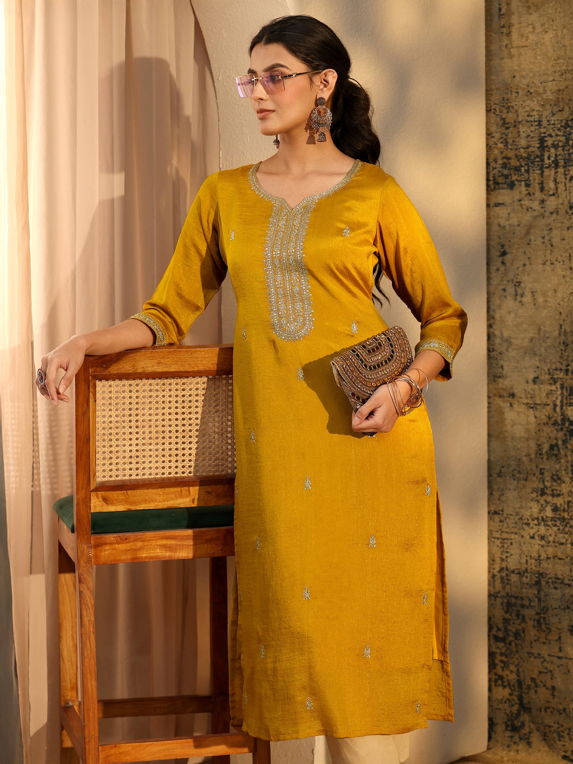 Mameraa Mustard Embroidered Silk Blend Straight Kurta