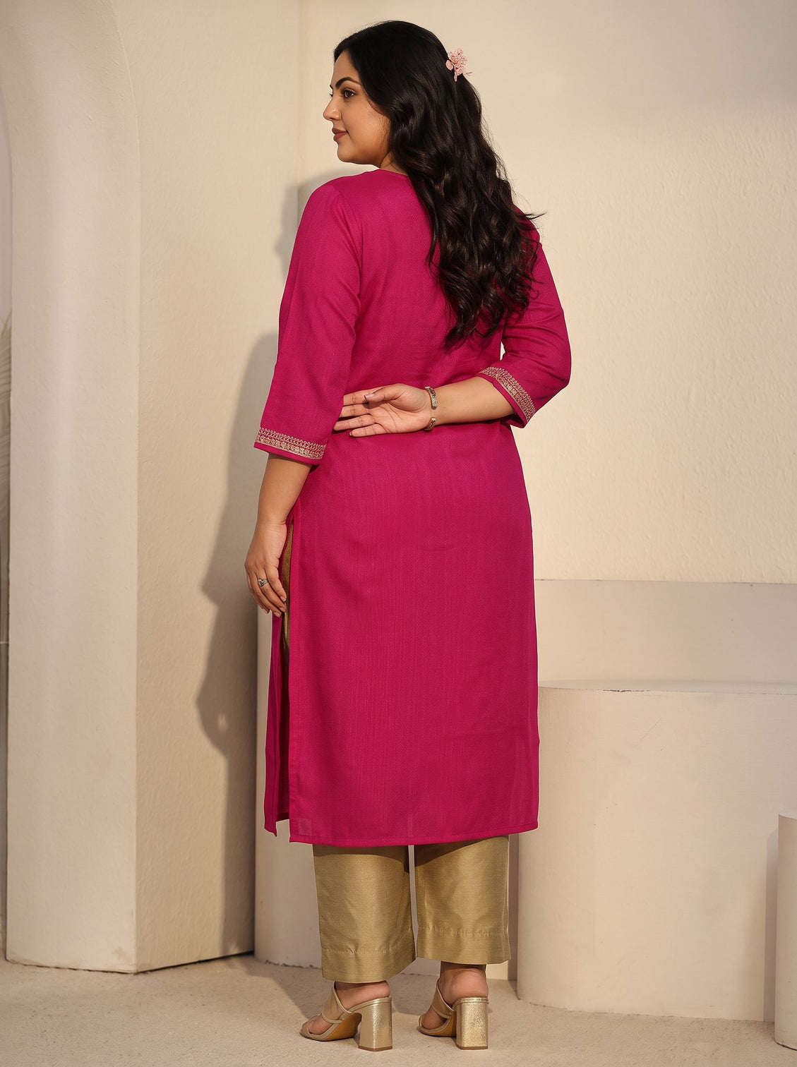 Plus Size Rani Pink Floral Embroidered Silk Blend Straight Kurta
