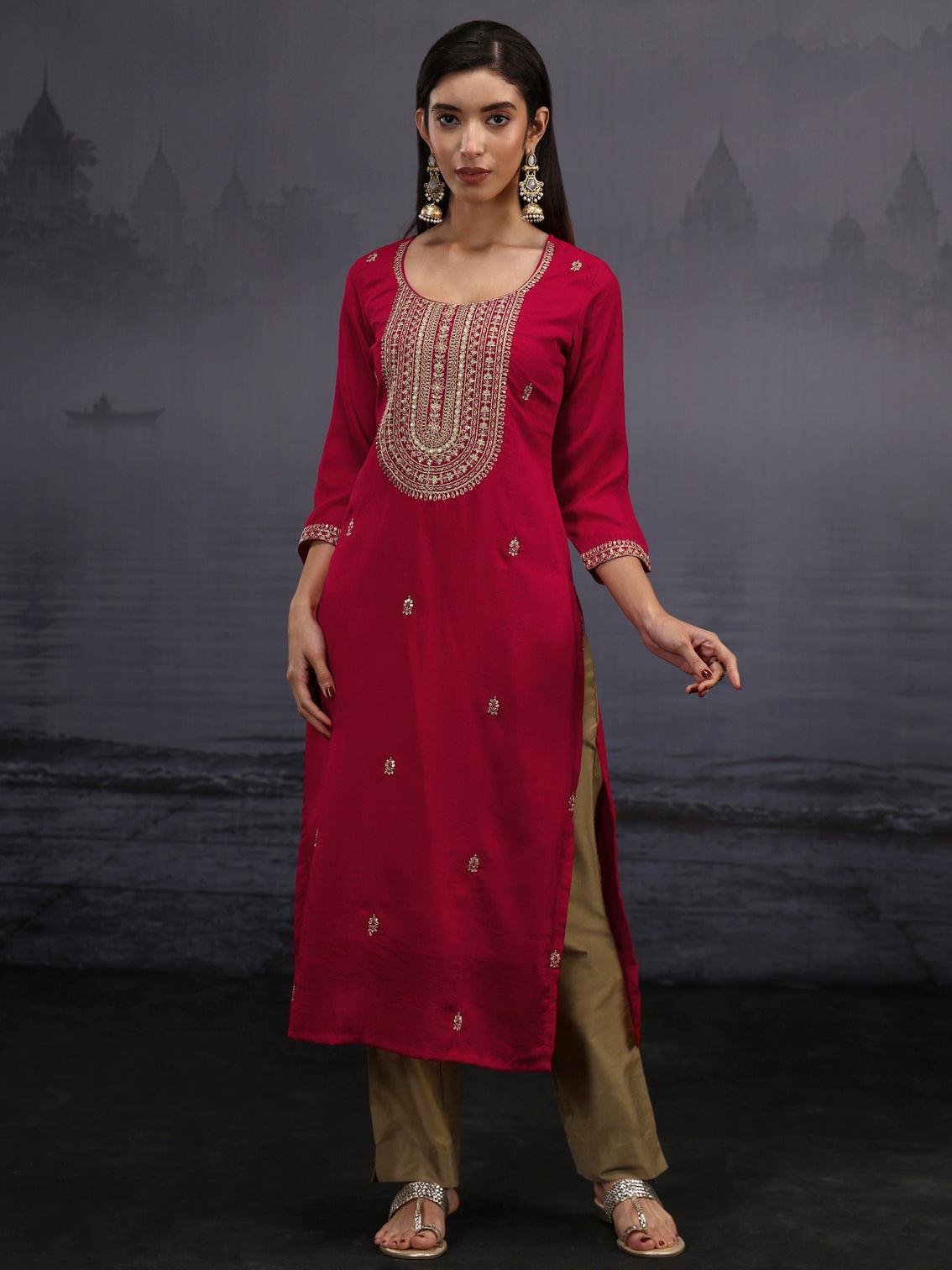Mameraa Ruby Red Yoke Embroidered Silk Blend Straight Kurta