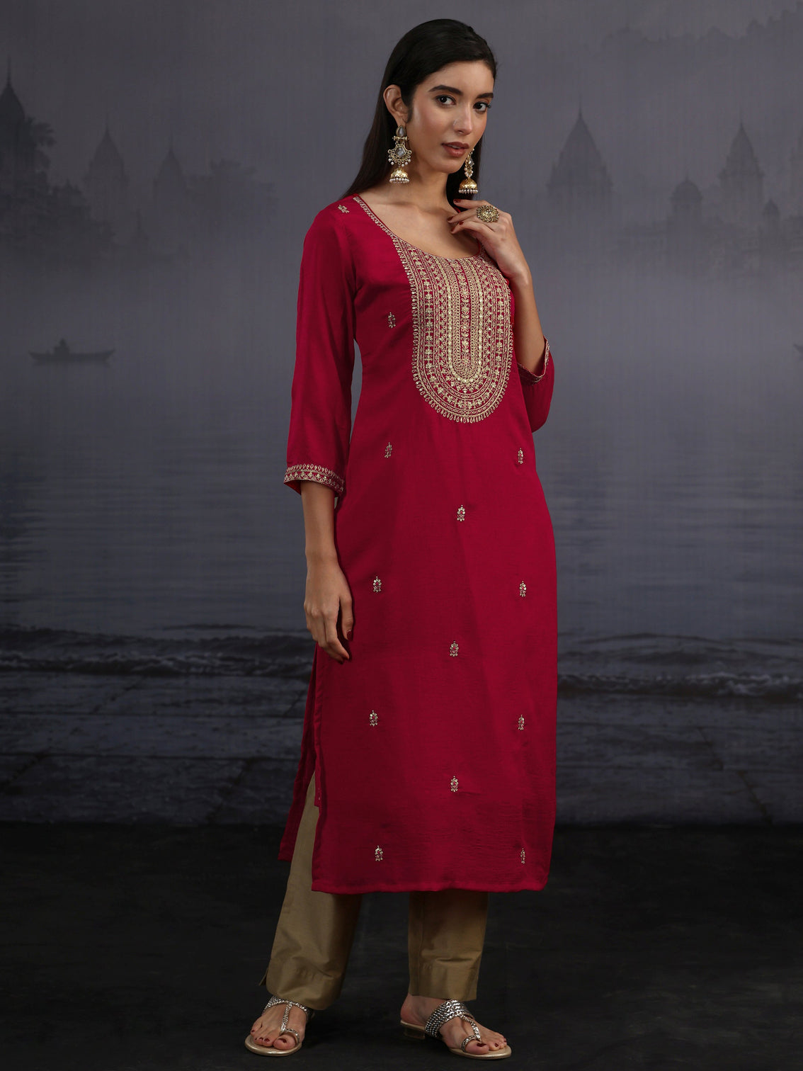 Mameraa Ruby Red Yoke Embroidered Silk Blend Straight Kurta