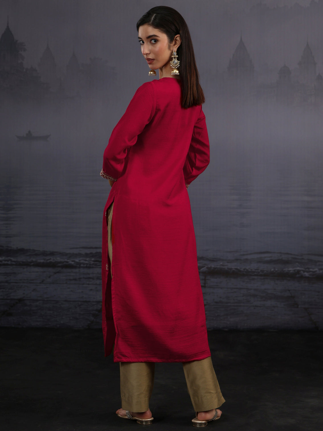 Mameraa Ruby Red Yoke Embroidered Silk Blend Straight Kurta
