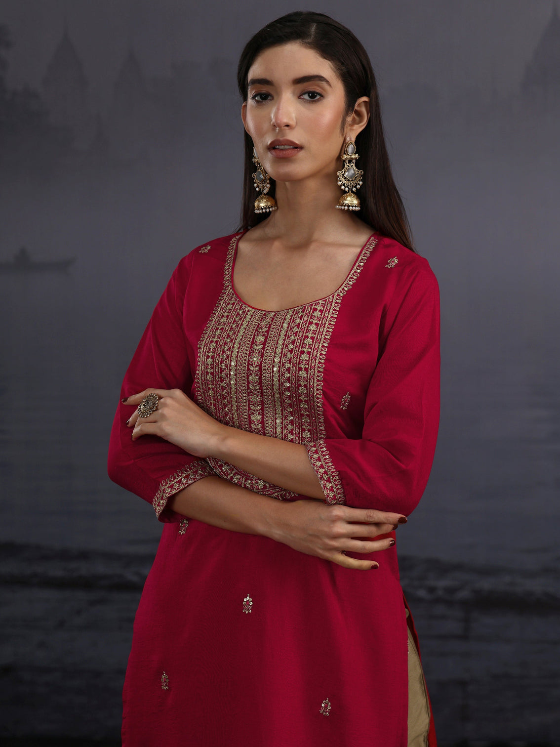 Mameraa Ruby Red Yoke Embroidered Silk Blend Straight Kurta