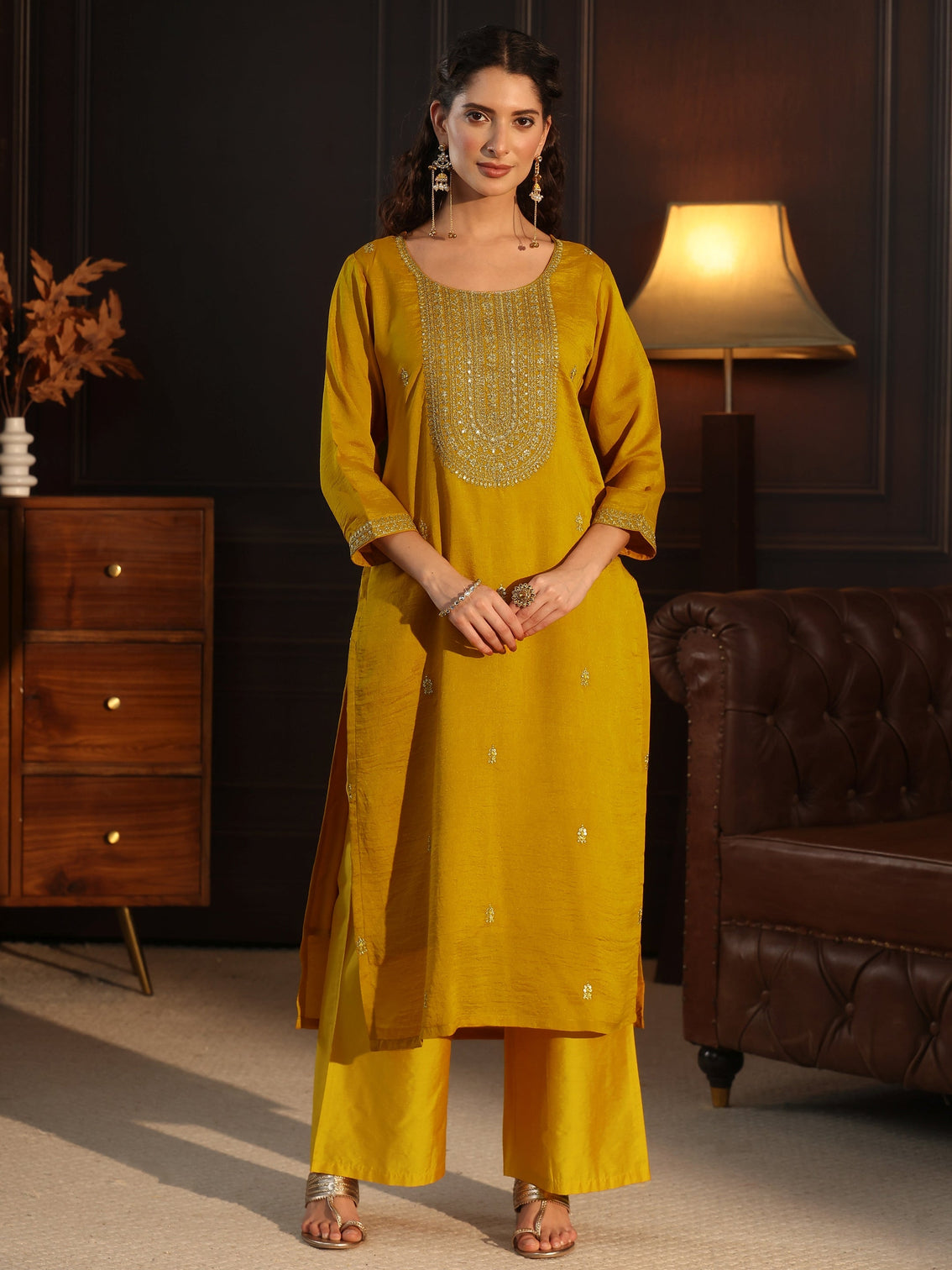 Mameraa Mustard Yoke Embroidered Silk Blend Straight Kurta