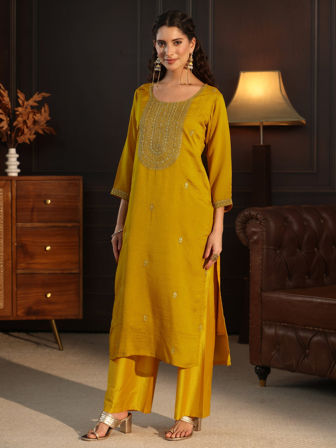 Mameraa Mustard Yoke Embroidered Silk Blend Straight Kurta