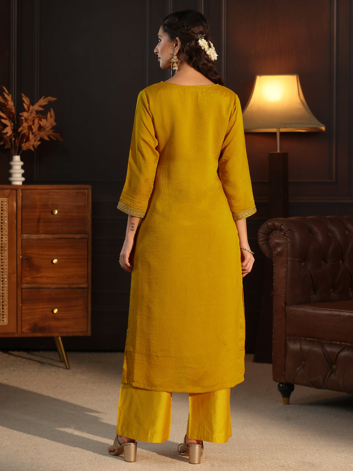 Mameraa Mustard Yoke Embroidered Silk Blend Straight Kurta