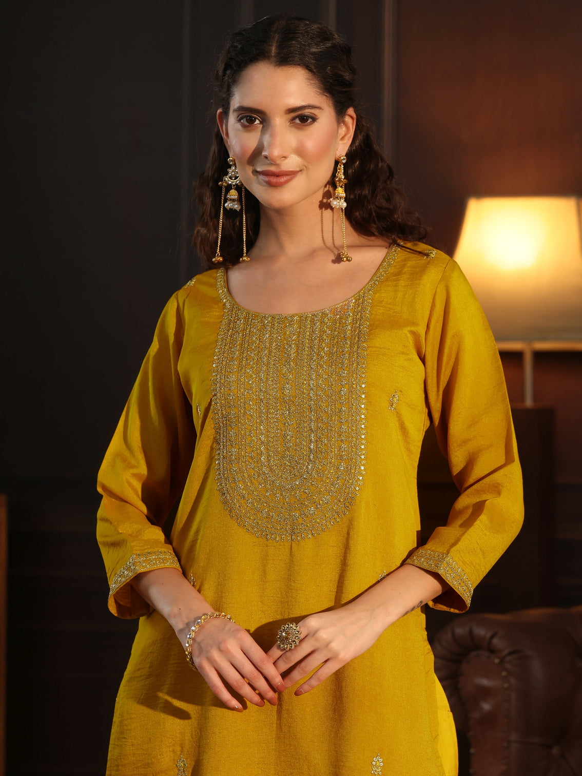 Mameraa Mustard Yoke Embroidered Silk Blend Straight Kurta