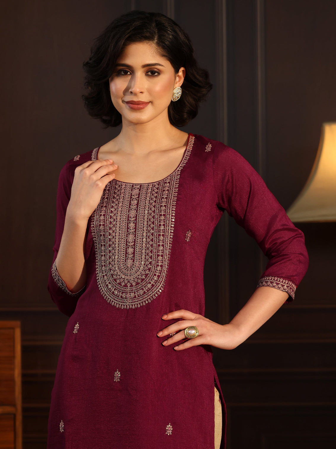 Mameraa Maroon Yoke Embroidered Silk Blend Straight Kurta