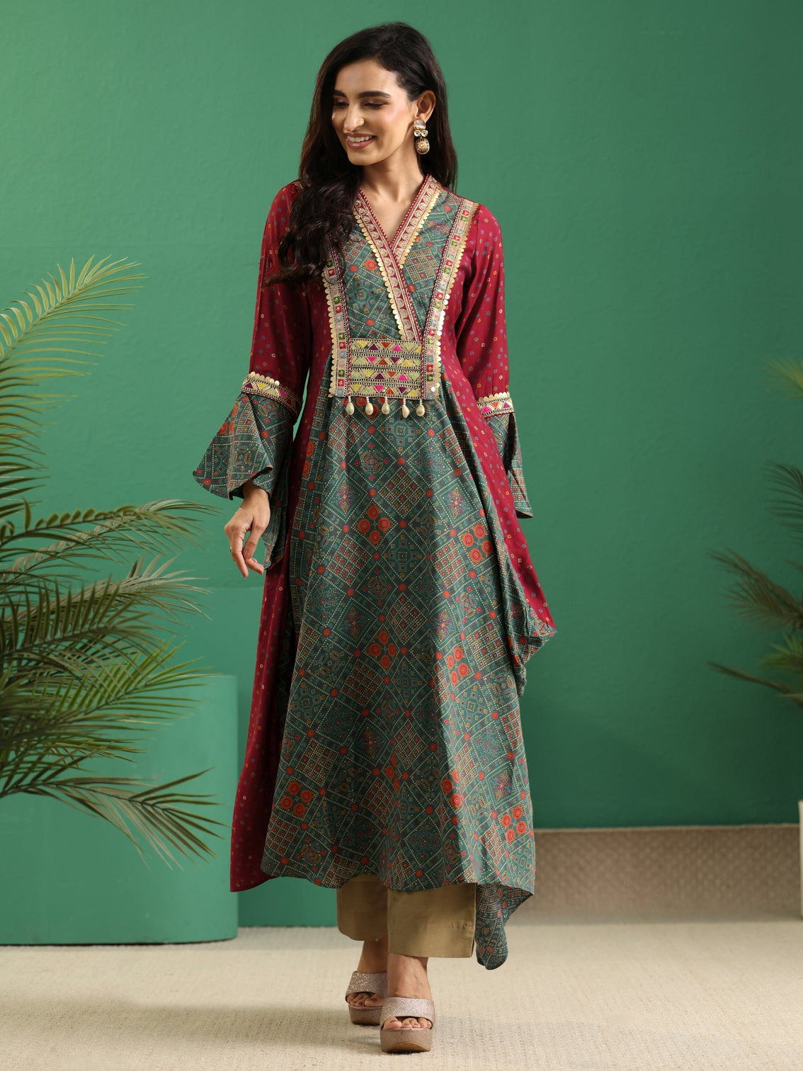 Mameraa Dusty Teal Blue Bandhani Silk Blend Cowl Style Kurta