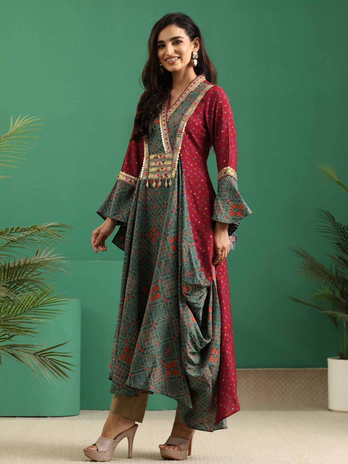 Mameraa Dusty Teal Blue Bandhani Silk Blend Cowl Style Kurta