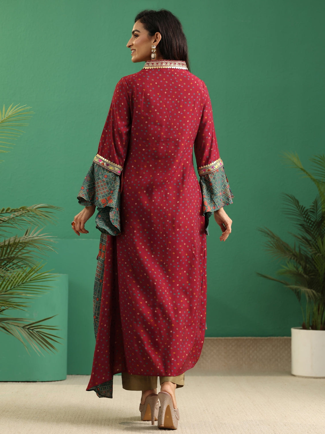 Mameraa Dusty Teal Blue Bandhani Silk Blend Cowl Style Kurta