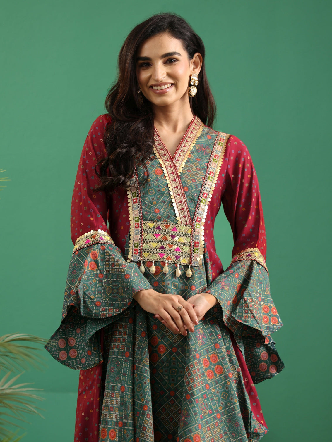 Mameraa Dusty Teal Blue Bandhani Silk Blend Cowl Style Kurta