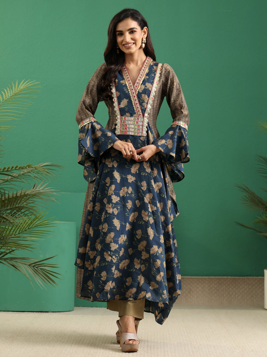 Mameraa Prussian Blue Floral Printed Silk Blend Cowl Style Kurta
