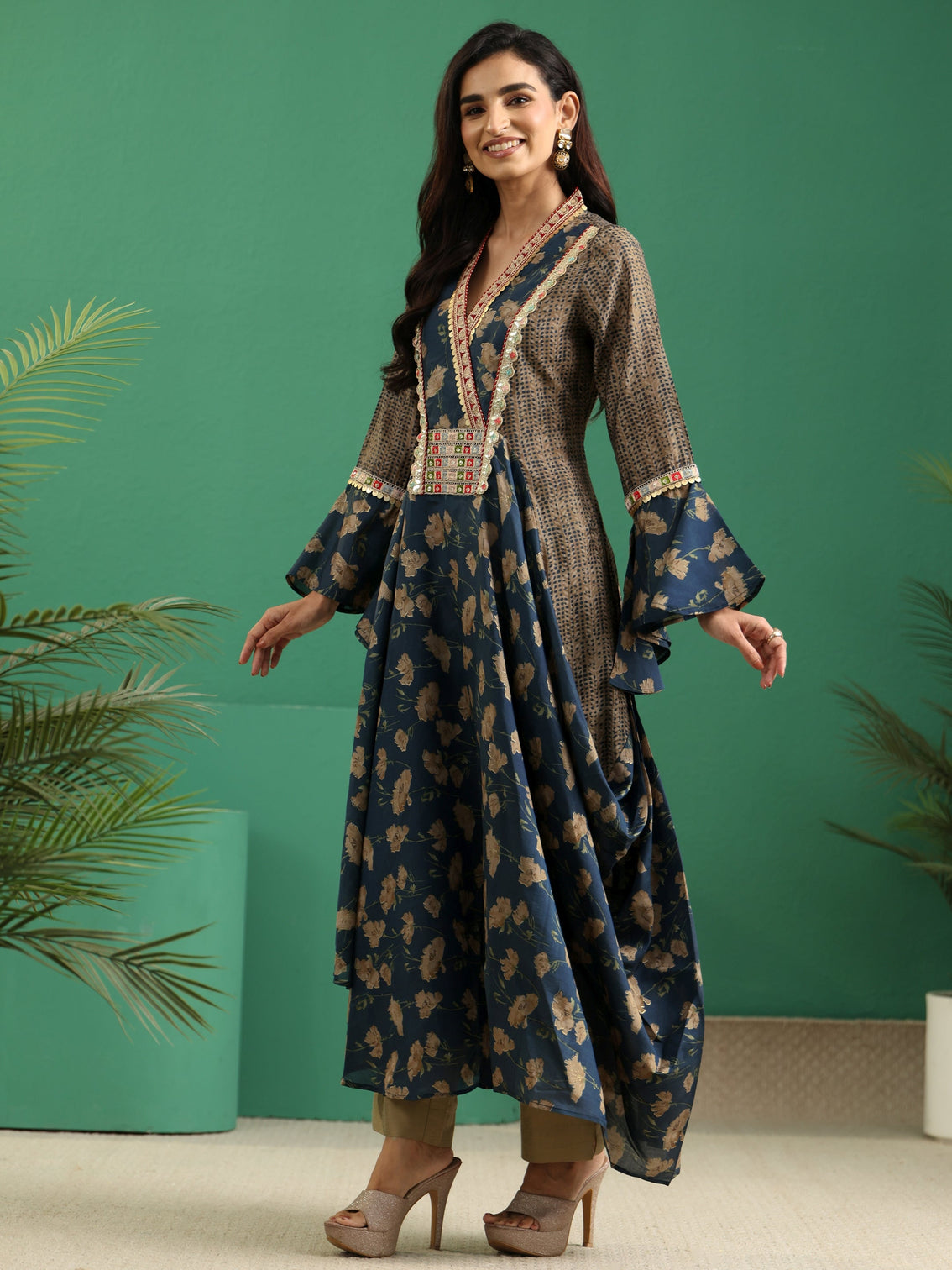 Mameraa Prussian Blue Floral Printed Silk Blend Cowl Style Kurta