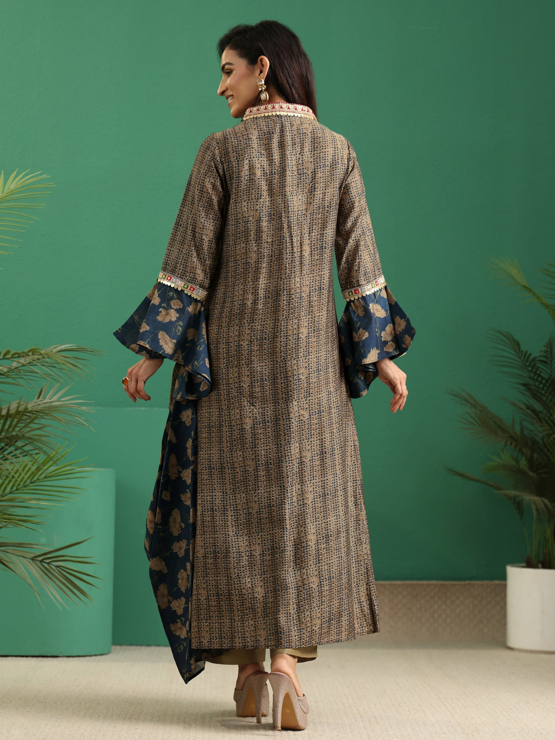 Mameraa Prussian Blue Floral Printed Silk Blend Cowl Style Kurta
