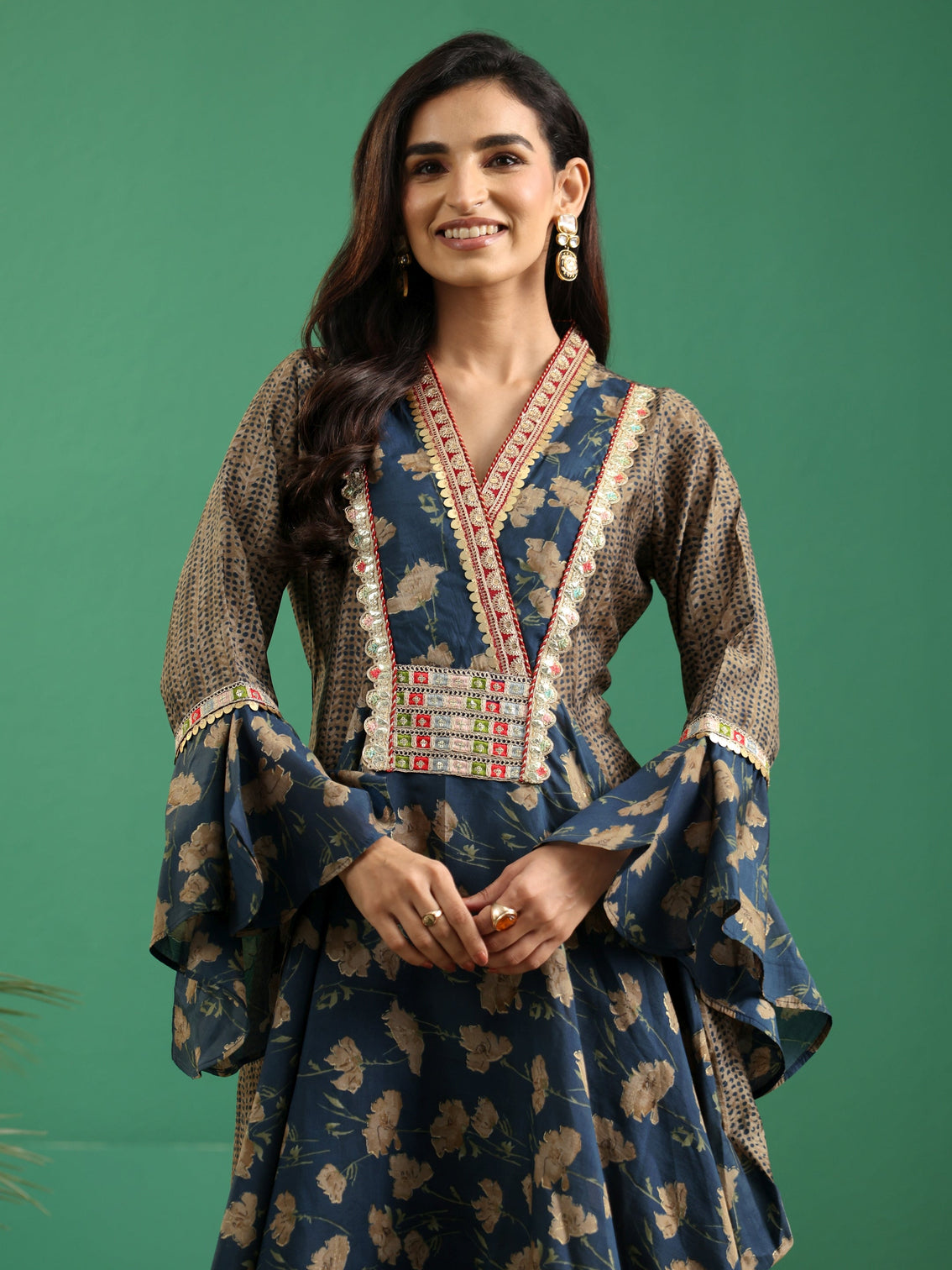 Mameraa Prussian Blue Floral Printed Silk Blend Cowl Style Kurta