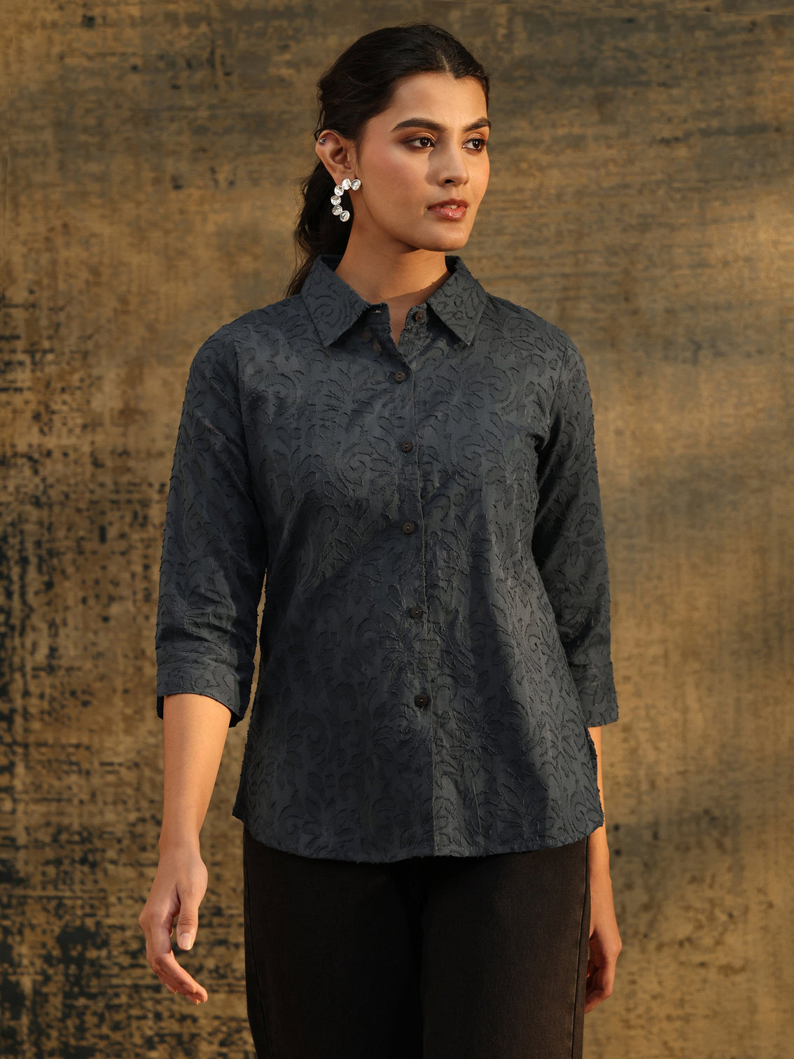 Mameraa Dark Grey Floral Textured Cotton Shirt