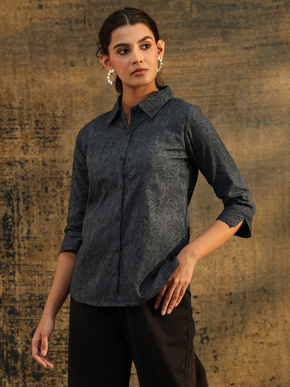 Mameraa Dark Grey Floral Textured Cotton Shirt
