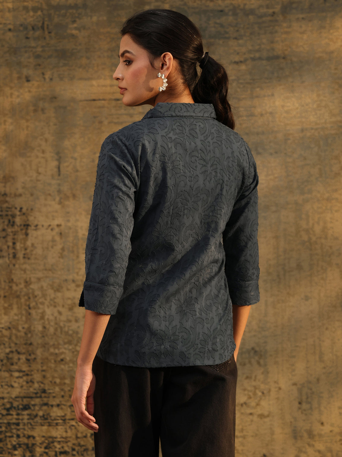 Mameraa Dark Grey Floral Textured Cotton Shirt