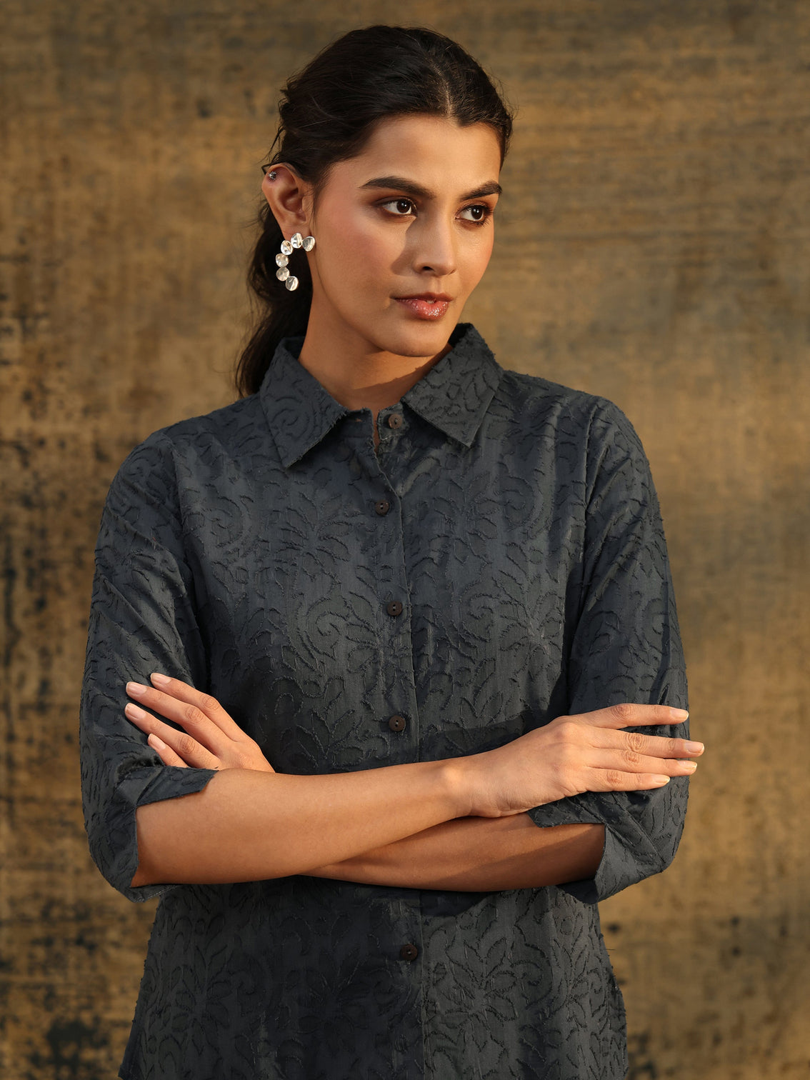 Mameraa Dark Grey Floral Textured Cotton Shirt