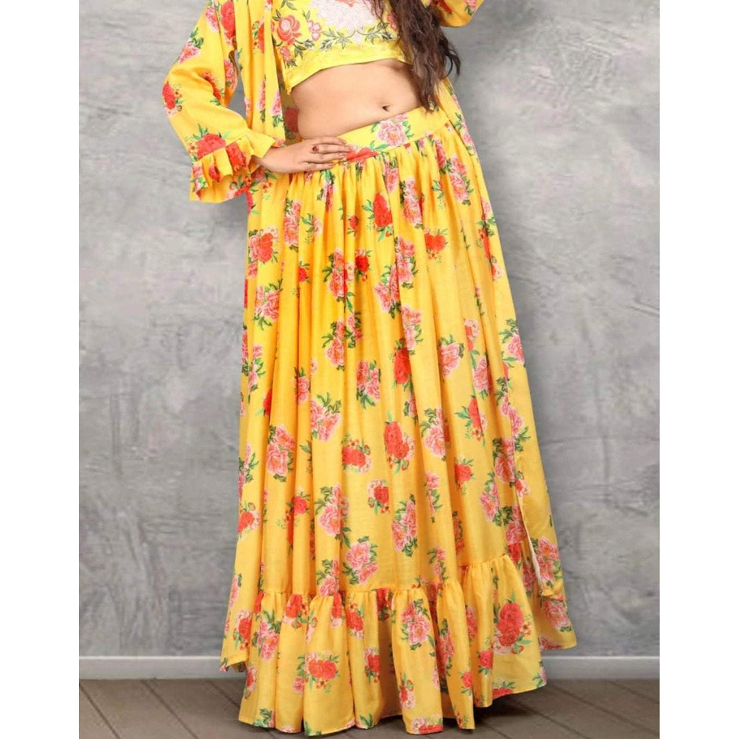 Beautiful Floral Printed Yellow Faux Georgette Jacket Lehenga Choli