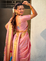 Baby Pink Wedding Special Nauvari Paithani Soft Silk Saree with Zari Woven Polka Motifs and Peacock Pallu