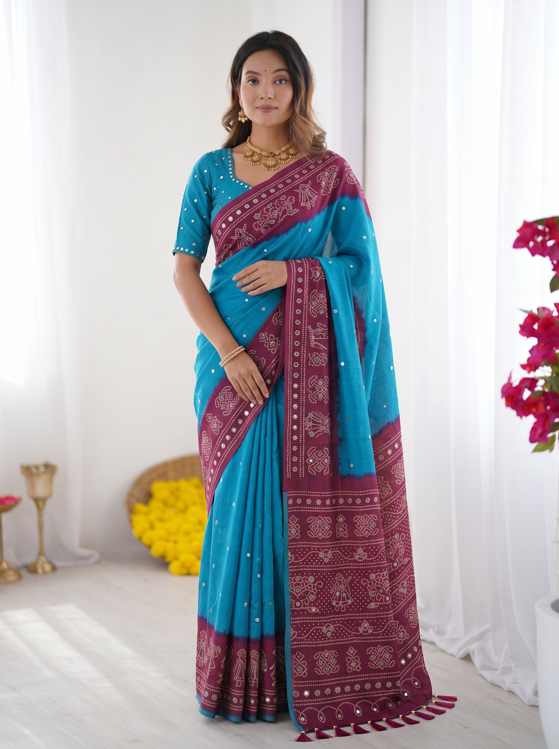 Sky blue wine purple bandhani printed cotton silk saree with traditional folk border tassel pallu