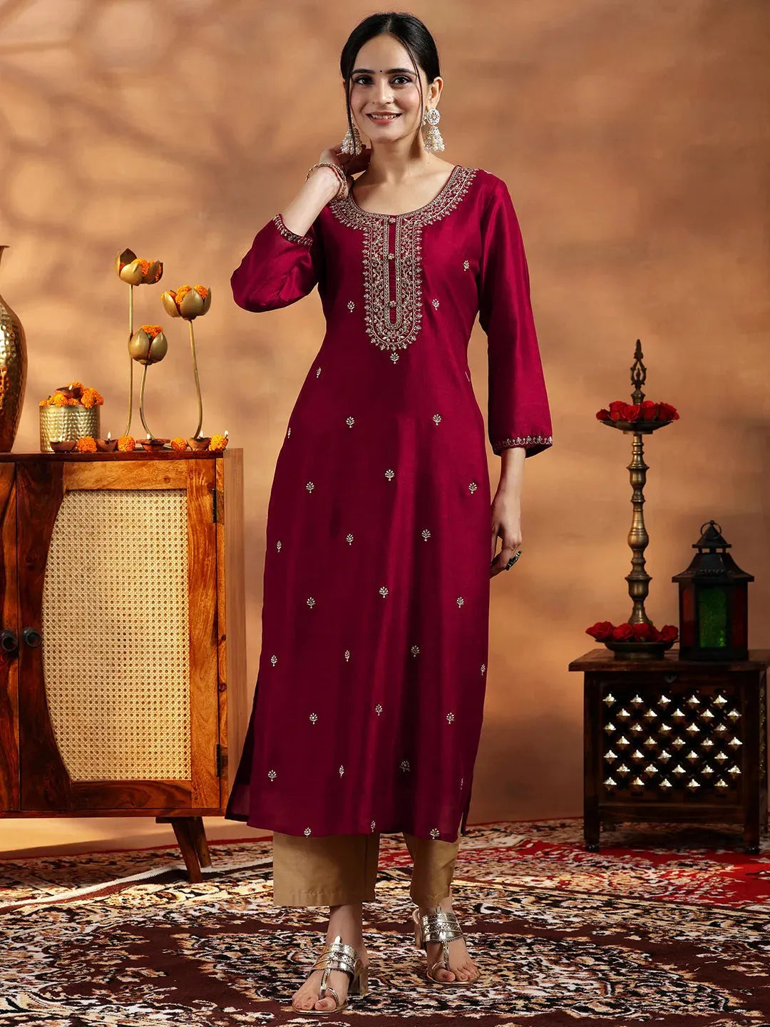 Libas Maroon Embroidered Silk Straight Kurta