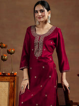 Libas Maroon Embroidered Silk Straight Kurta