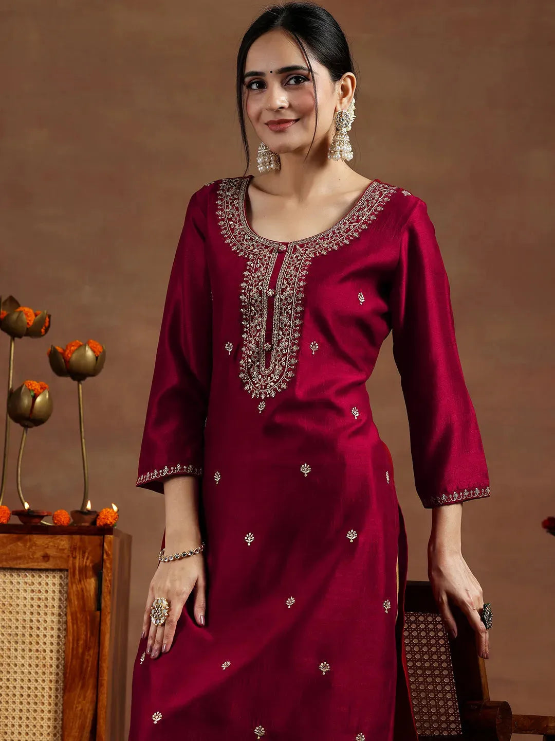 Libas Maroon Embroidered Silk Straight Kurta