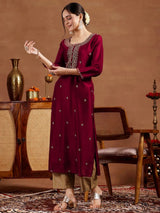 Libas Maroon Embroidered Silk Straight Kurta