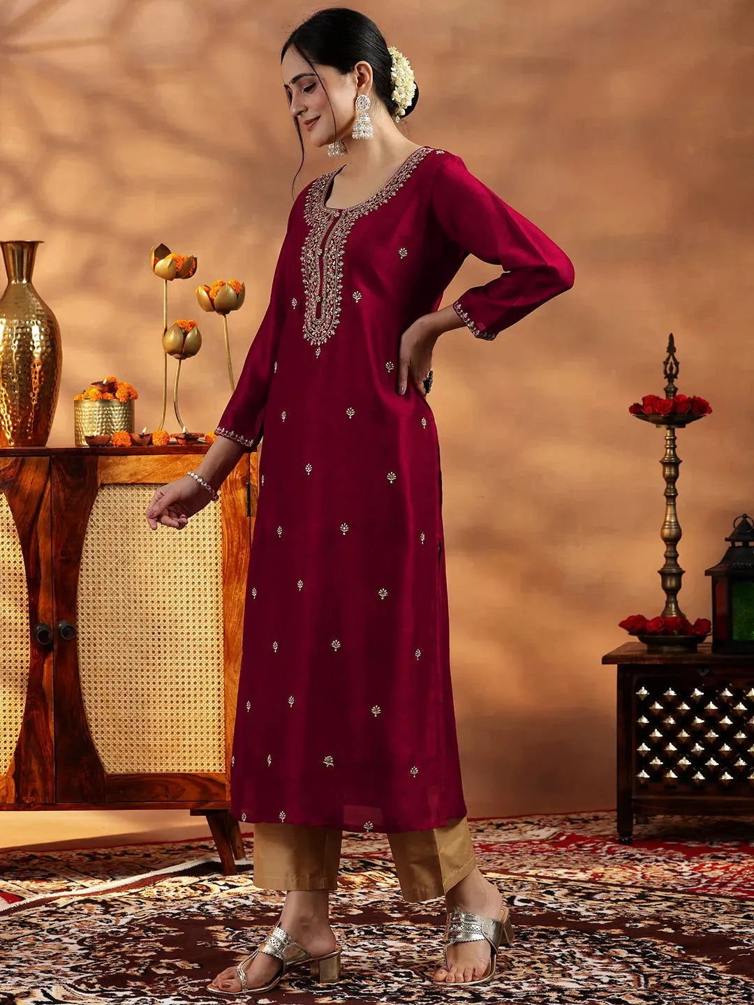 Libas Maroon Embroidered Silk Straight Kurta
