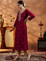 Libas Maroon Embroidered Silk Straight Kurta