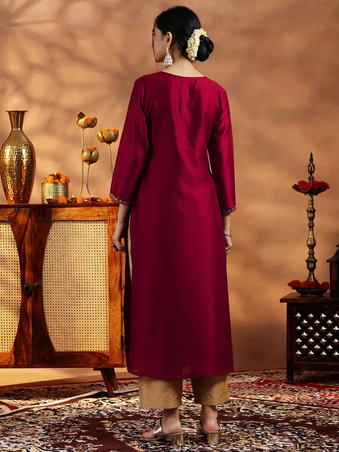 Libas Maroon Embroidered Silk Straight Kurta