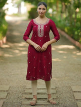 Libas Maroon Embroidered Silk Straight Kurta